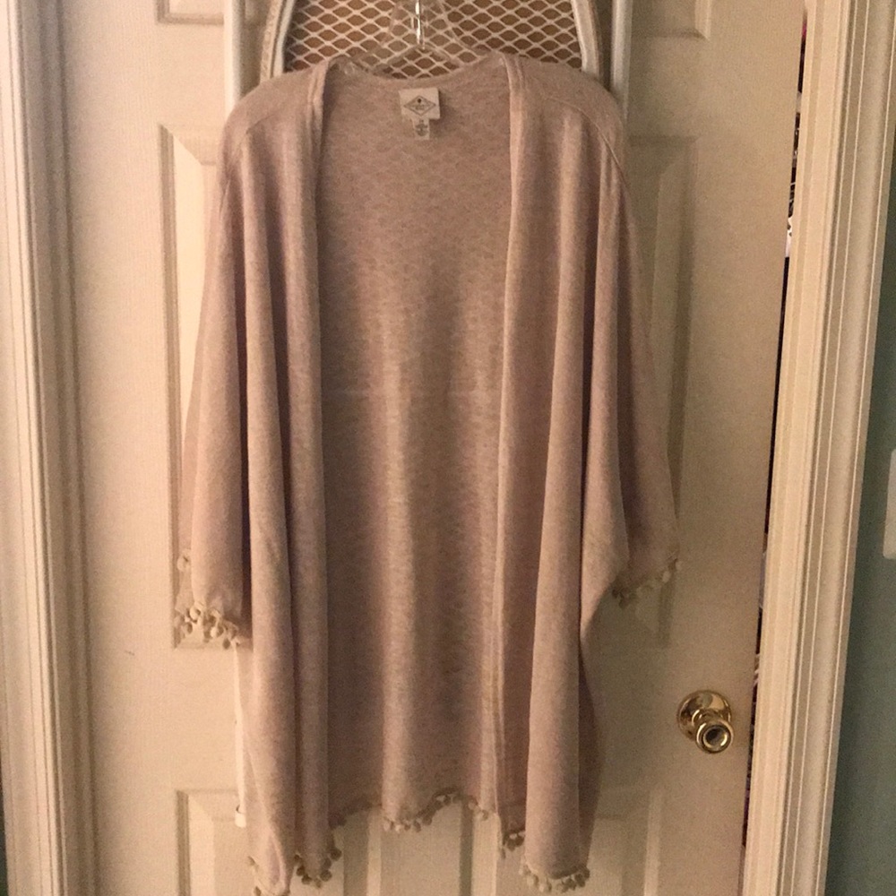 Bell sleeves. Pom Pom trim open front cardigan